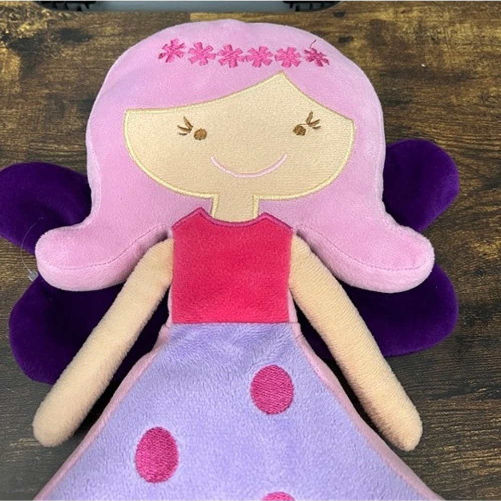 Fairy Girl Plush Stuffed Doll Pink Hair Purple Wings Polka Dot Dress